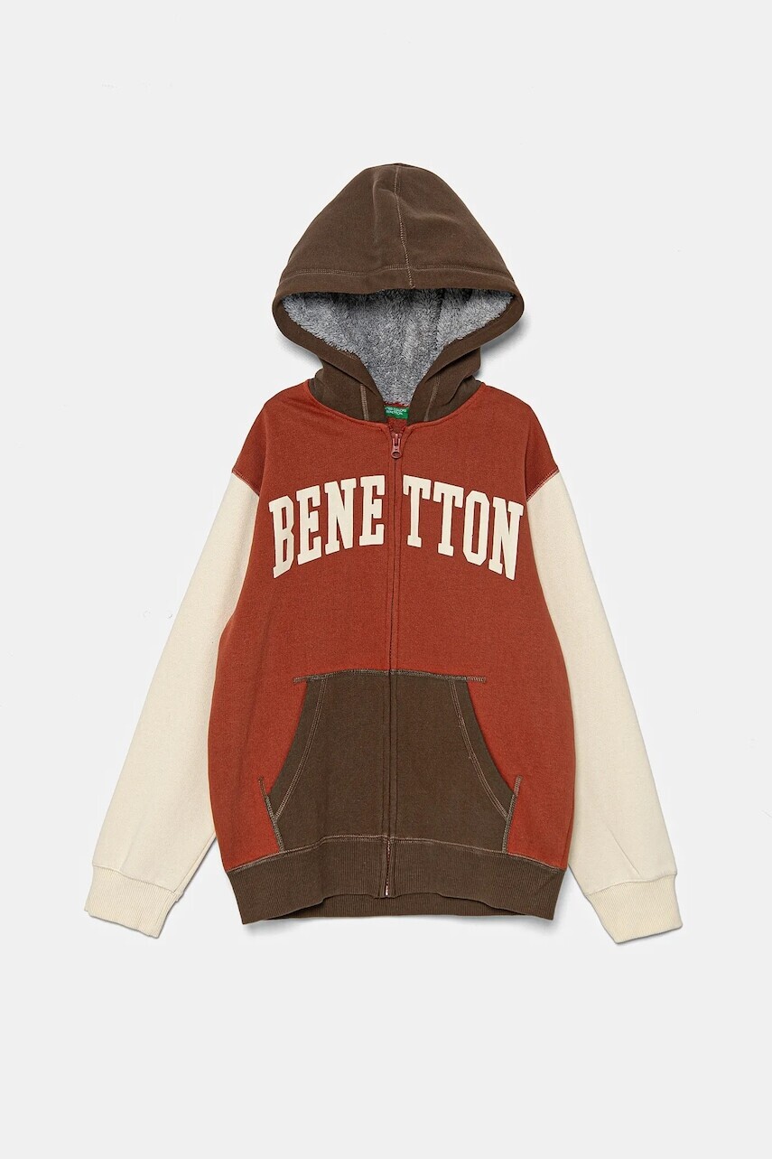 Detská mikina United Colors of Benetton hnedá farba, s kapucňou, s potlačou, 3EB5C504H