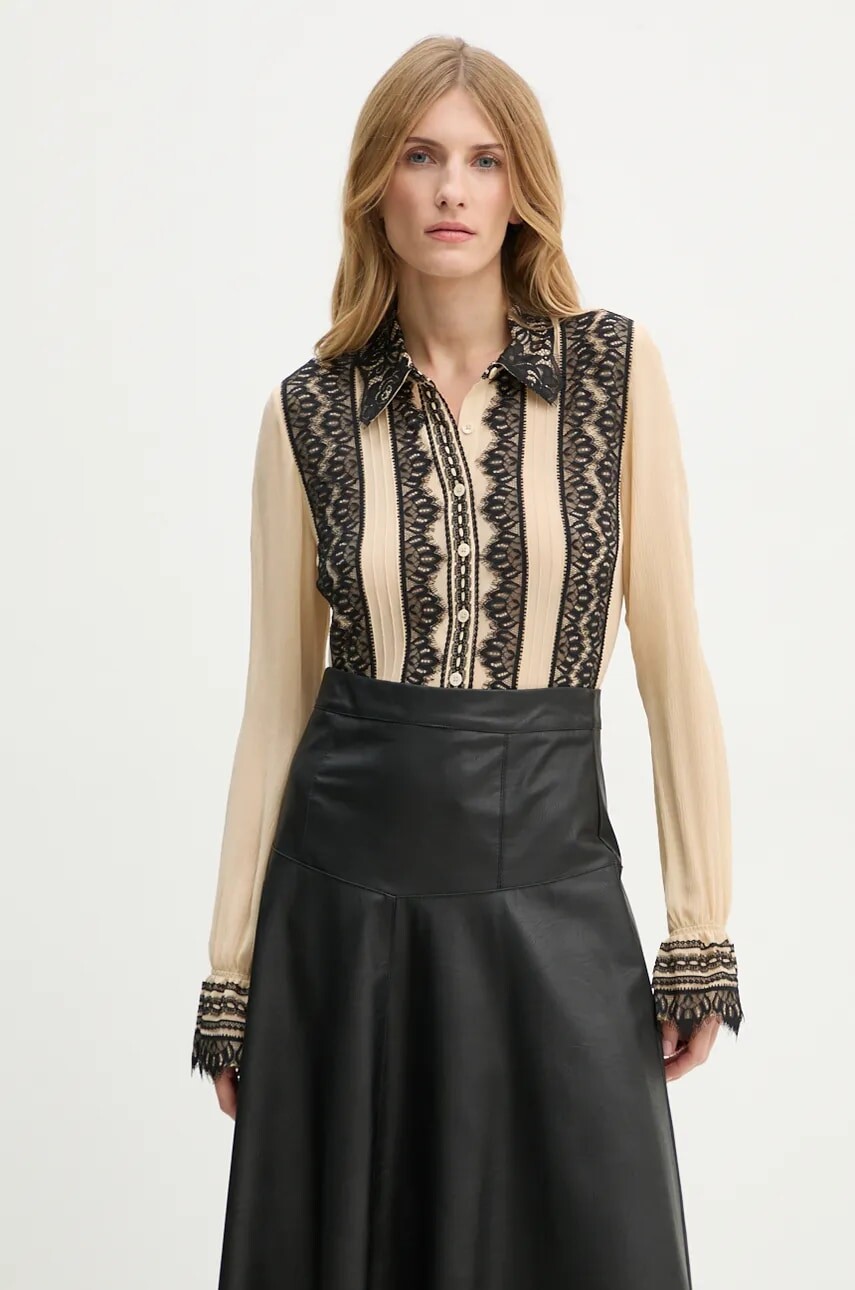 Hodvábna košeľa The Kooples béžová farba, regular, s klasickým golierom, FCCL29002K