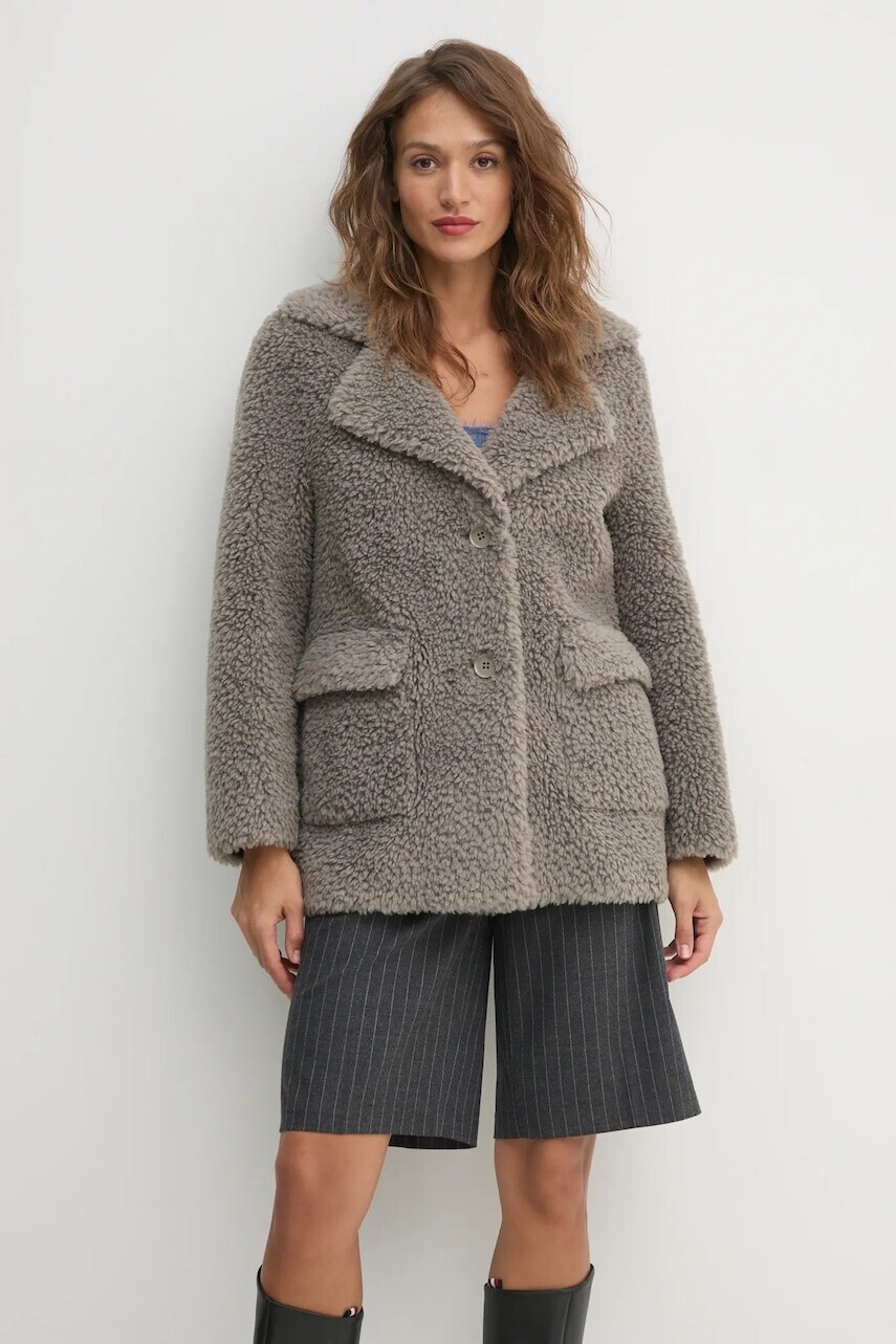Kabát s prímesou vlny Sisley šedá farba, prechodný, oversize, 24C7LN053