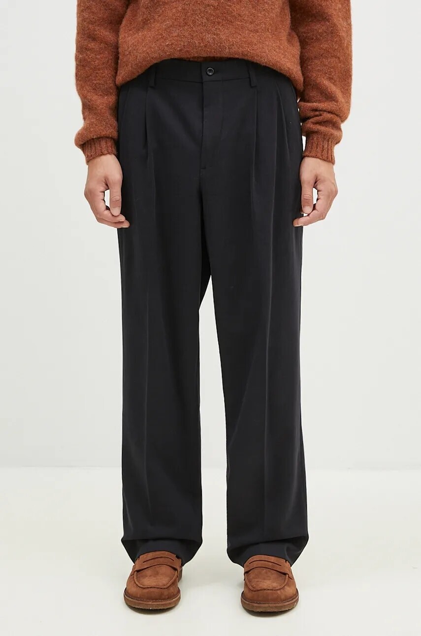 Nohavice s prímesou vlny Norse Projects Benn Relaxed Cotton Wool Twill Pleated Trouser čierna farba, strih chinos, N25.0395.9999