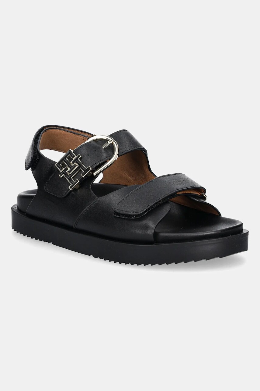 Kožené sandále Tommy Hilfiger LEATHER SPORTY SANDAL dámske, čierna farba, FW0FW08799