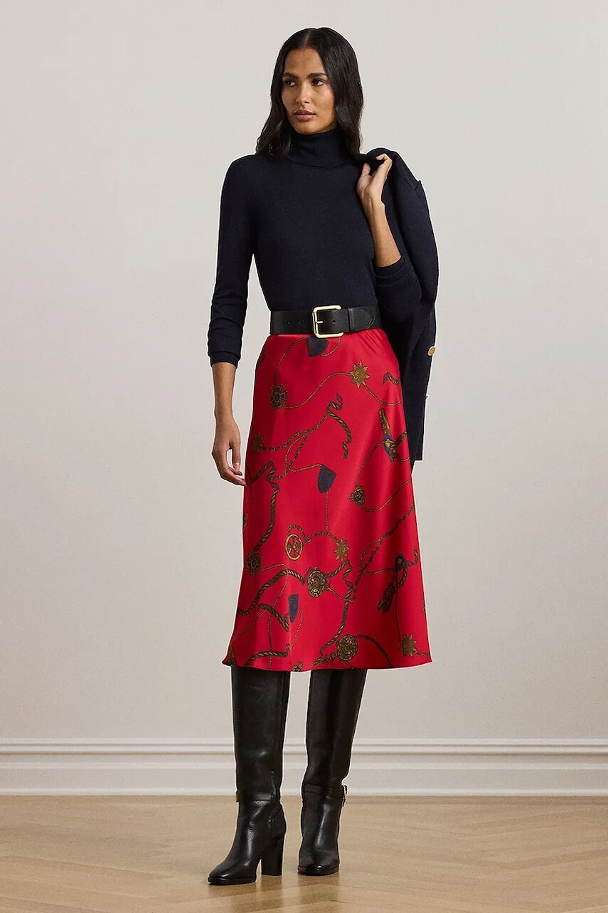 Sukňa Lauren Ralph Lauren červená farba, midi, áčkový strih, 200957077