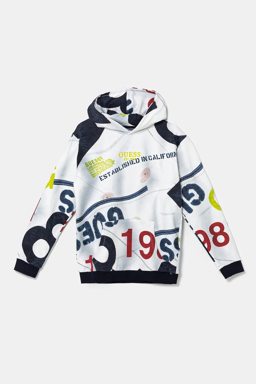Detská bavlnená mikina Guess tmavomodrá farba, s kapucňou, vzorovaná, L5RQ05 KA6R4