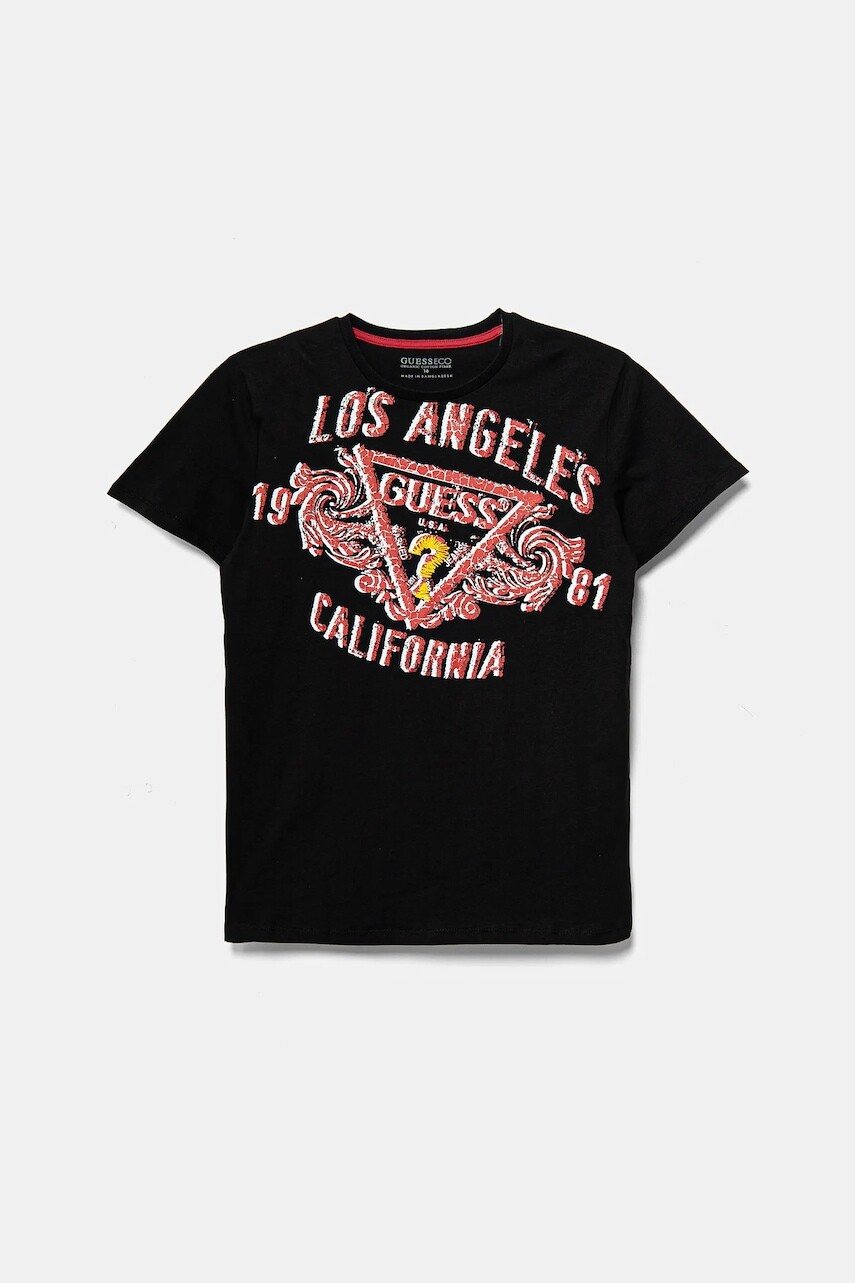 Detské bavlnené tričko Guess čierna farba, s potlačou, L5RI00 K8HM4