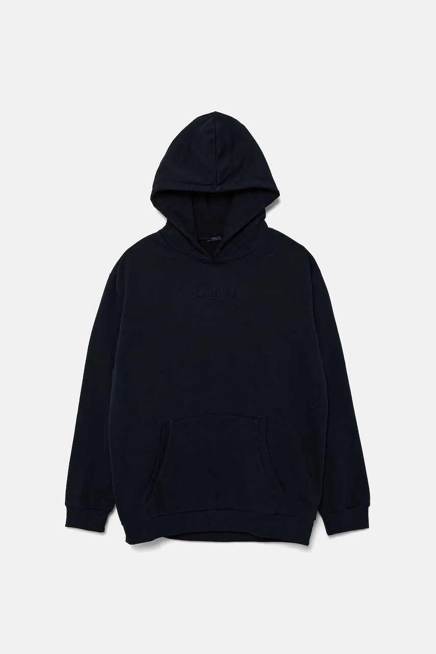 Detská bavlnená mikina Guess tmavomodrá farba, s kapucňou, s nášivkou, L5RQ17 KAD74