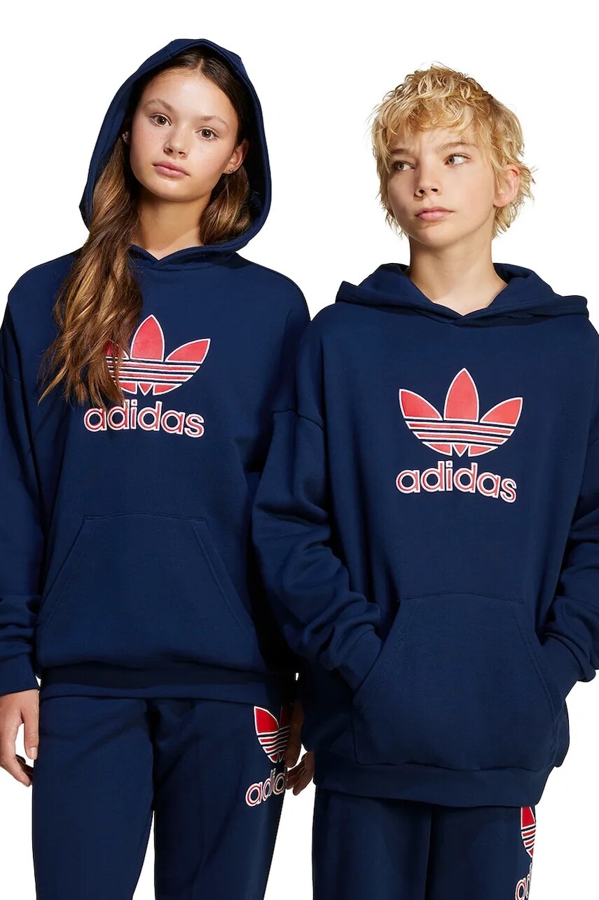 Detská bavlnená mikina adidas Originals tmavomodrá farba, s kapucňou, s potlačou, JC9128