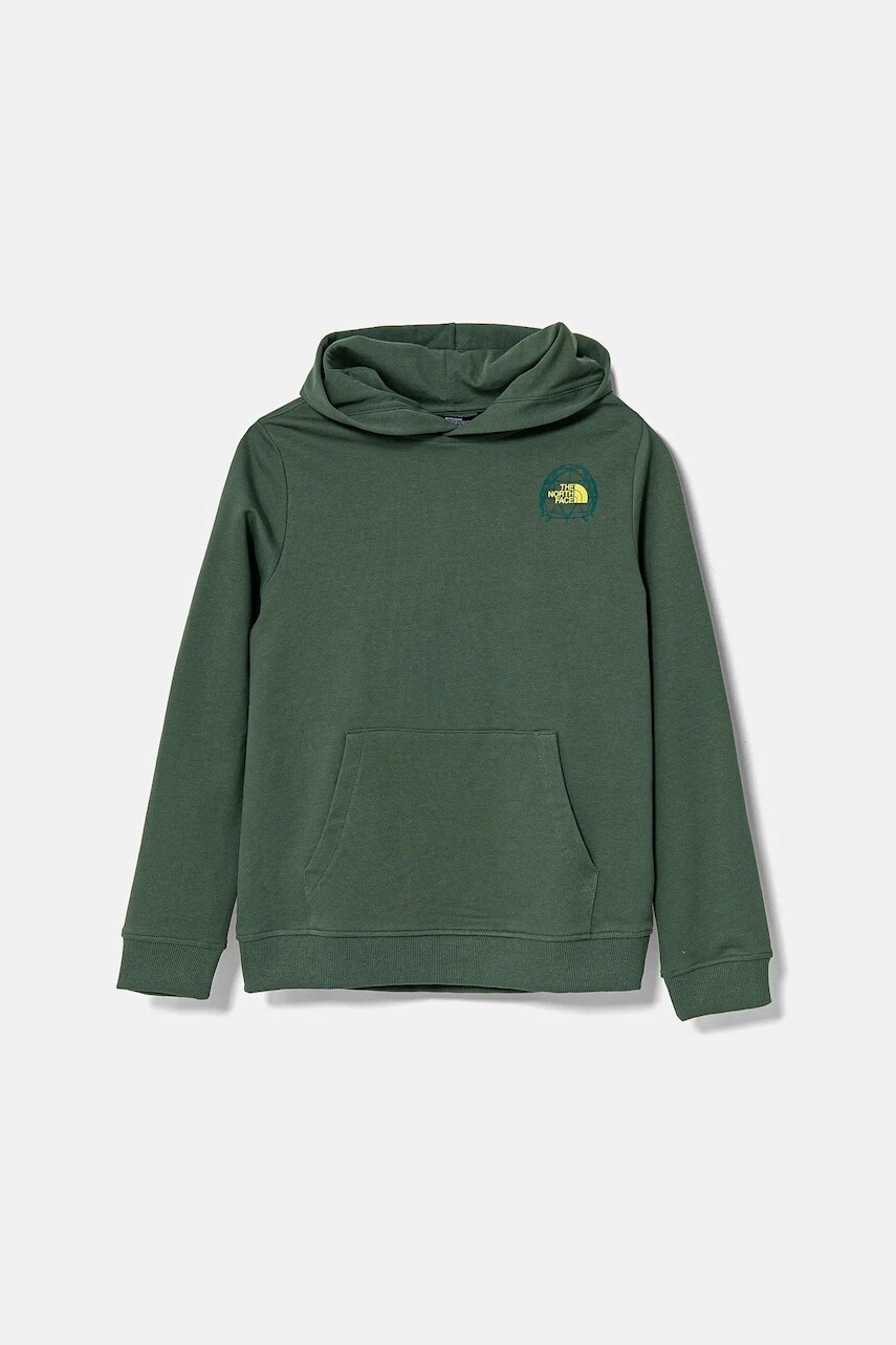 Detská bavlnená mikina The North Face GRAPHIC RELAXED HOODIE zelená farba, s kapucňou, s potlačou, NF0A8AXTHCH1