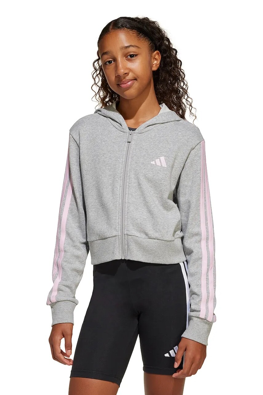 Detská mikina adidas šedá farba, s kapucňou, s nášivkou, JJ0949