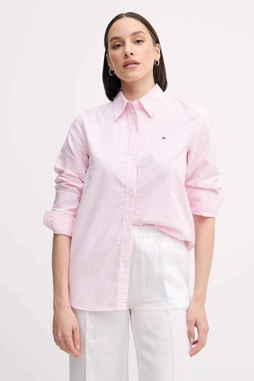 Bavlnená košeľa Tommy Hilfiger dámska, ružová farba, regular, s klasickým golierom, WW0WW46111