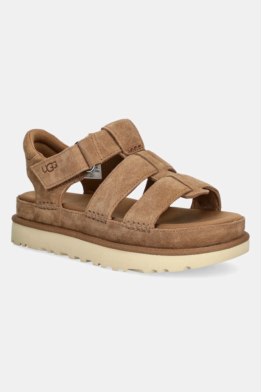 Semišové sandále UGG Goldenstar Strap dámske, hnedá farba, na platforme, 1137890-CHE