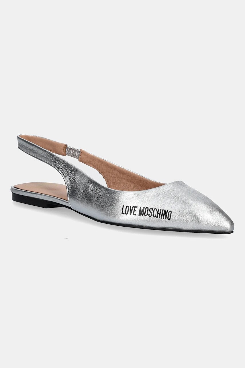 Kožené balerínky Love Moschino strieborná farba, s otvorenou pätou, JA11021G1MIF0902
