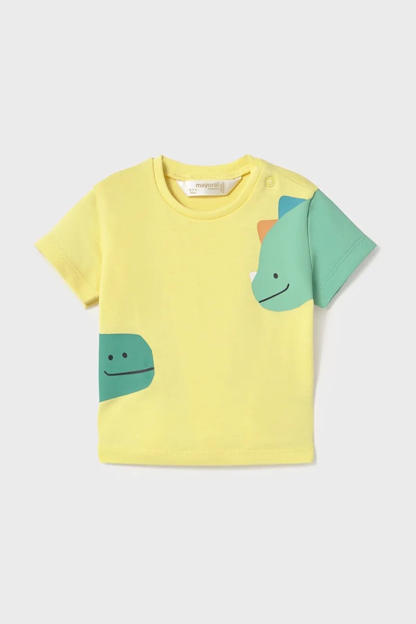 Detské bavlnené tričko Mayoral Newborn žltá farba, s potlačou, 1037