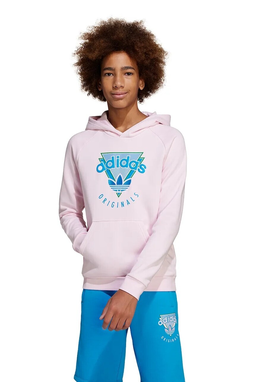 Detská mikina adidas Originals ružová farba, s kapucňou, s nášivkou, JC5864