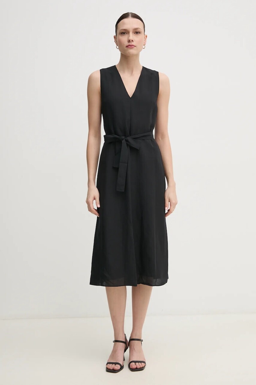 Šaty s prímesou ľanu Calvin Klein čierna farba, midi, áčkový strih, K20K208424