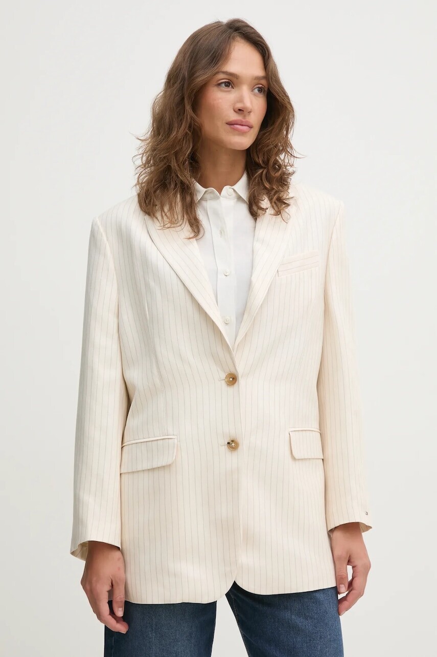 Sako s prímesou ľanu Tommy Hilfiger béžová farba, jednoradové, vzorované, WW0WW46167