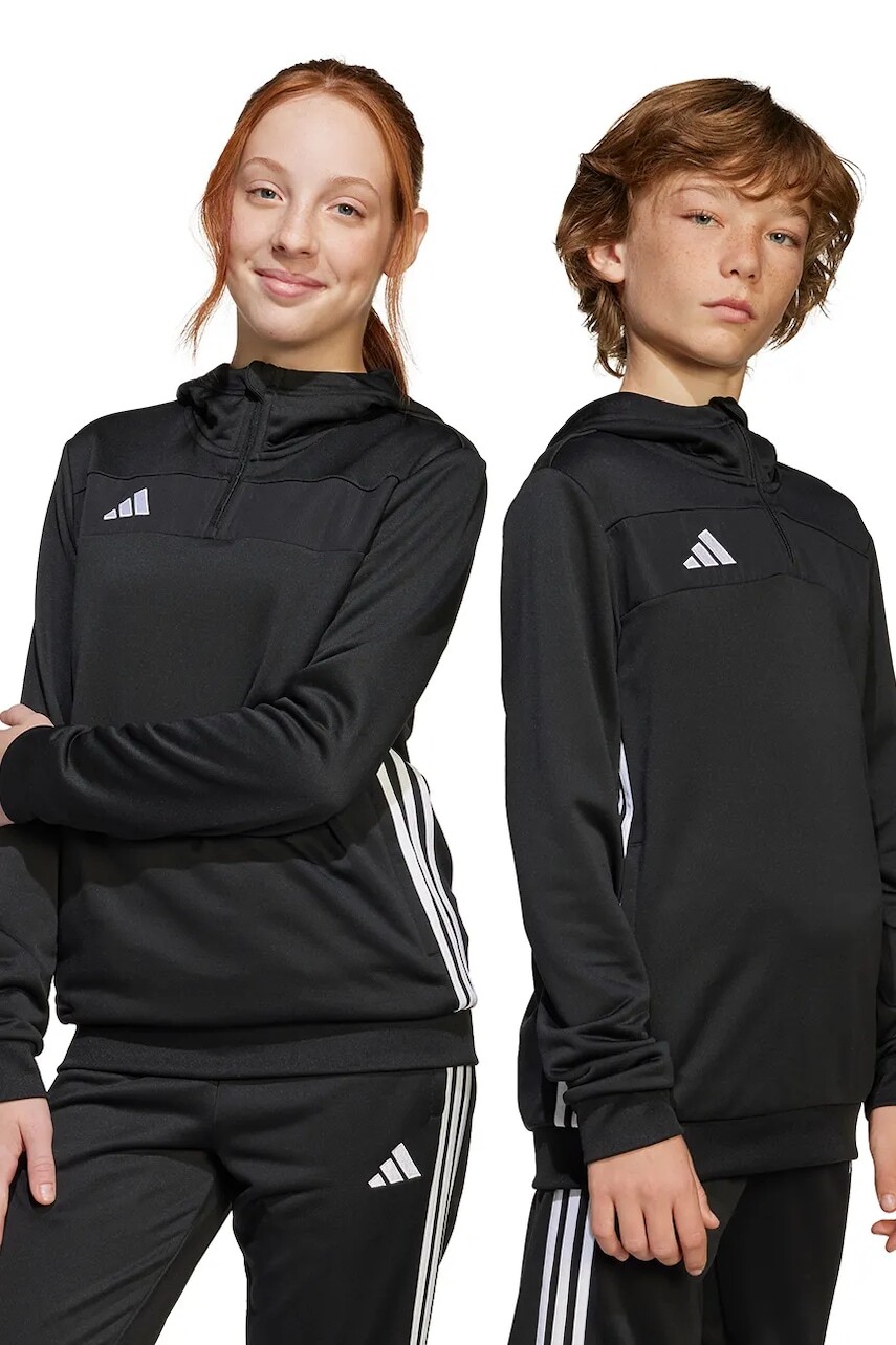 Detská mikina adidas Performance čierna farba, s kapucňou, s nášivkou, JD3053