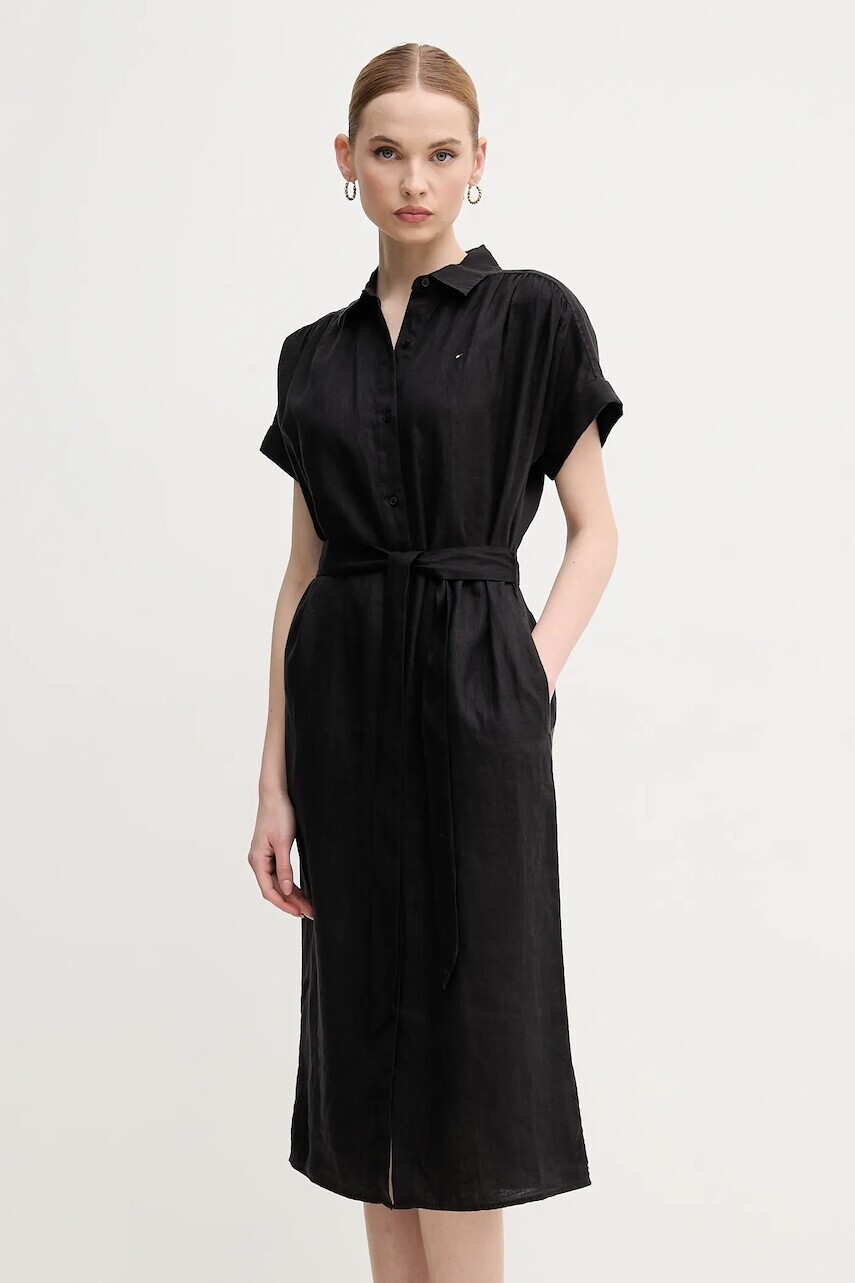 Ľanové šaty Tommy Hilfiger čierna farba, midi, áčkový strih, WW0WW44653