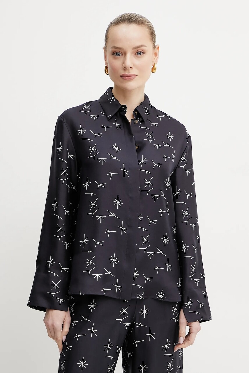 Hodvábna košeľa MM dámska, čierna farba, voľný strih, s klasickým golierom, 2516111037600