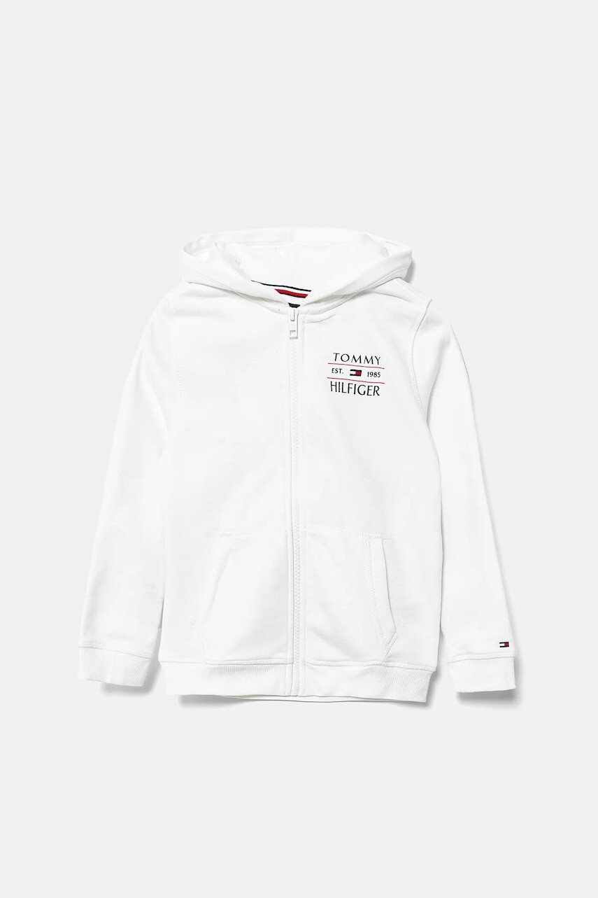 Detská mikina Tommy Hilfiger biela farba, s kapucňou, s potlačou, KB0KB09568