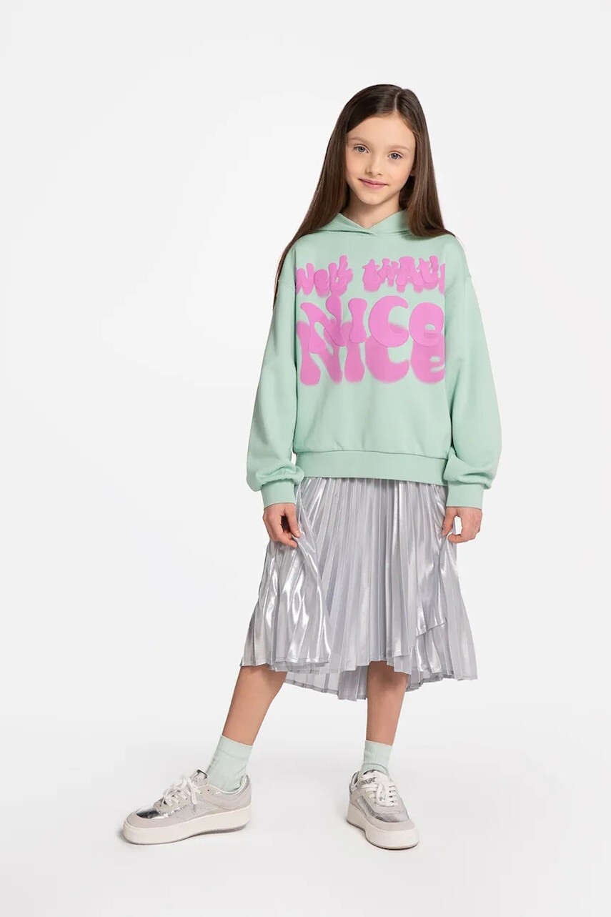Dievčenská sukňa Coccodrillo strieborná farba, midi, áčkový strih, COSMIC GIRL JUNIOR