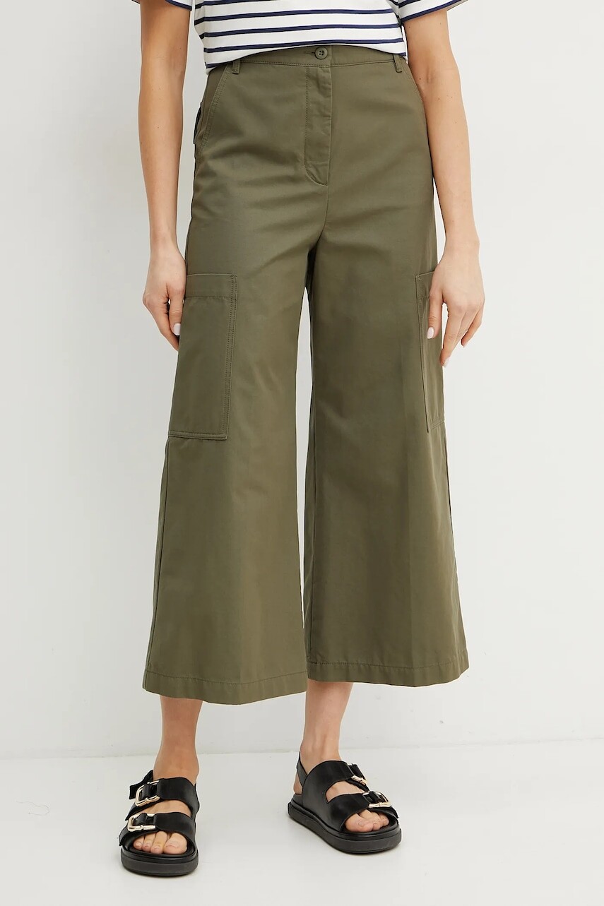 Bavlnené nohavice Weekend Max Mara dámske, zelená farba, široké, vysoký pás, 2515131081600