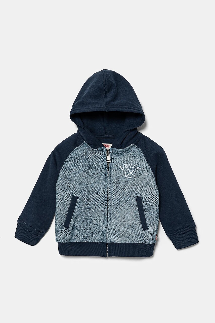 Mikina pre bábätká Levi's TROMPE LOEIL DENIM HOODIE tmavomodrá farba, s kapucňou, vzorovaná, 6EM394