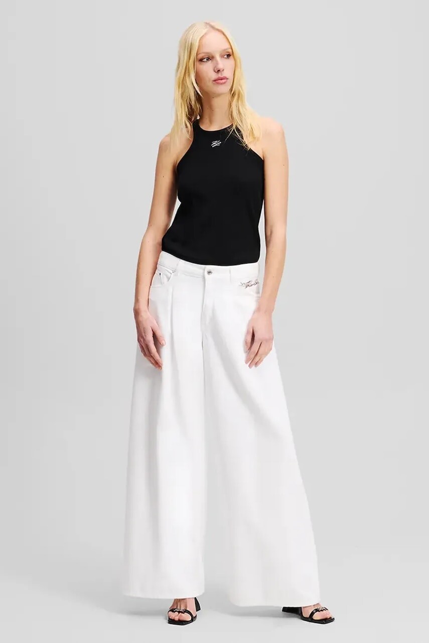 Nohavice Karl Lagerfeld dámske, biela farba, široké, stredne vysoký pás, A2W10158
