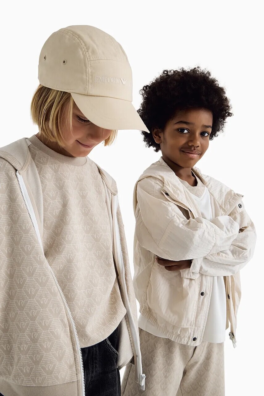 Detská mikina Emporio Armani béžová farba, s kapucňou, vzorovaná, EB000223 AF13431