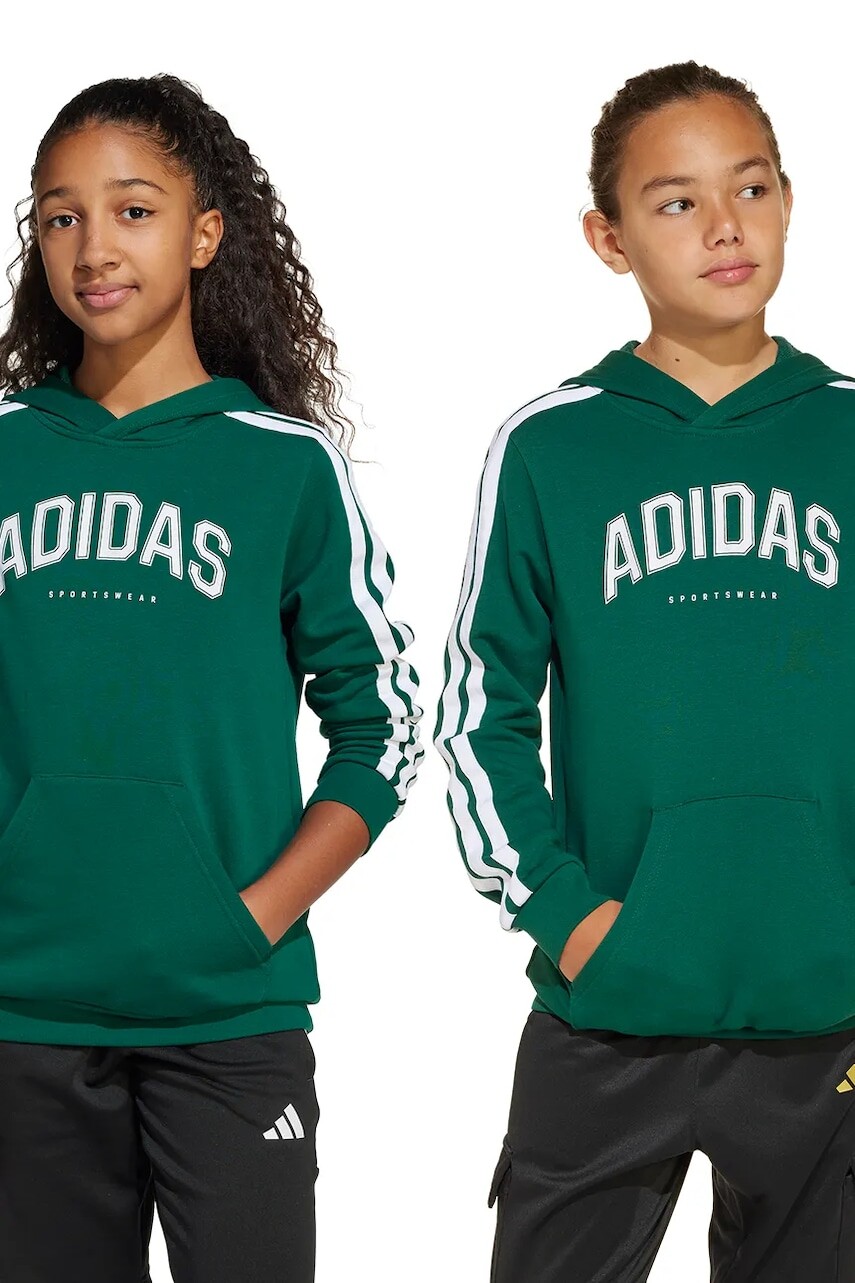 Detská mikina adidas zelená farba, s kapucňou, s potlačou, JM7358