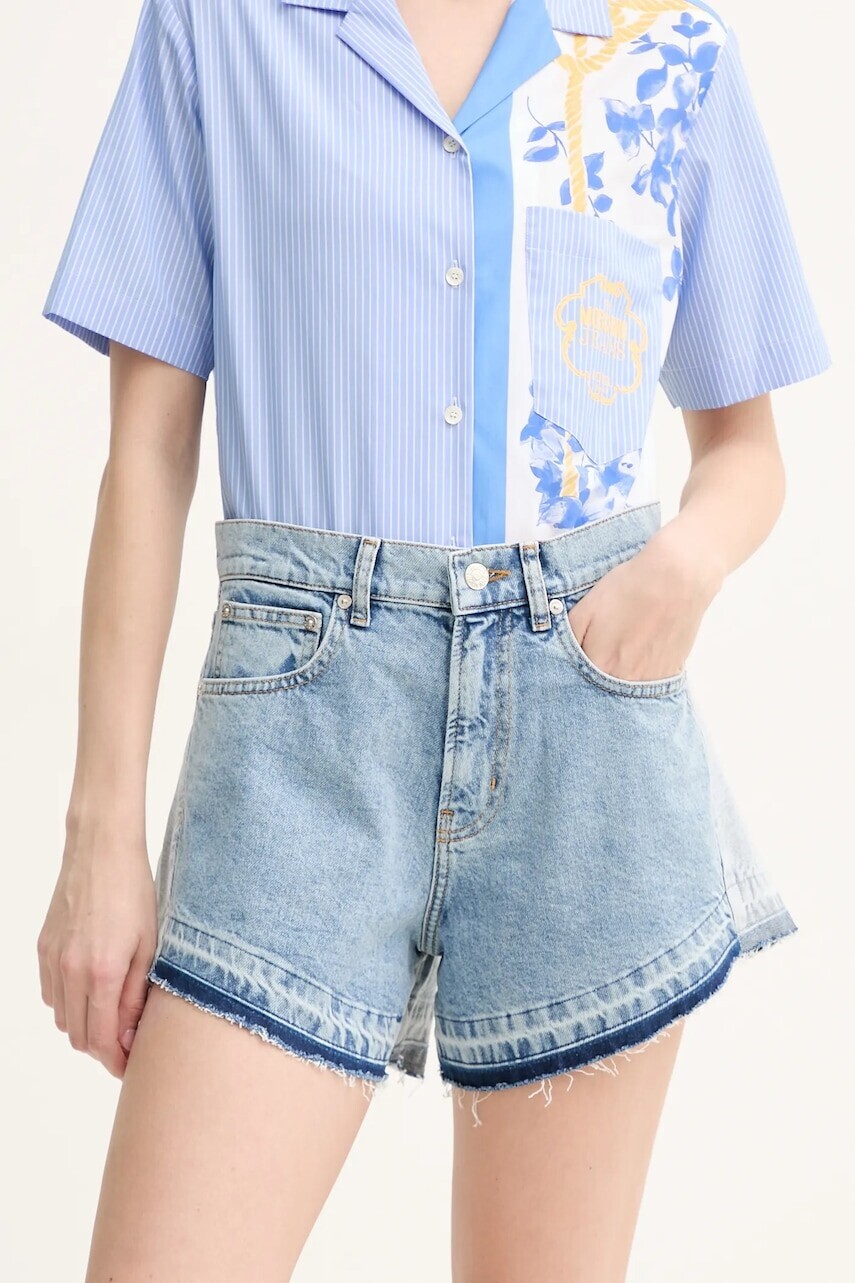 Rifľové krátke nohavice Moschino Jeans dámske, jednofarebné, vysoký pás, 0316 3719