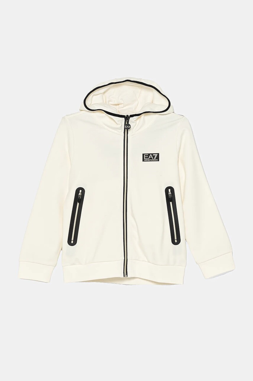 Detská mikina EA7 Emporio Armani béžová farba, s kapucňou, s potlačou, 7B000094 AF13148