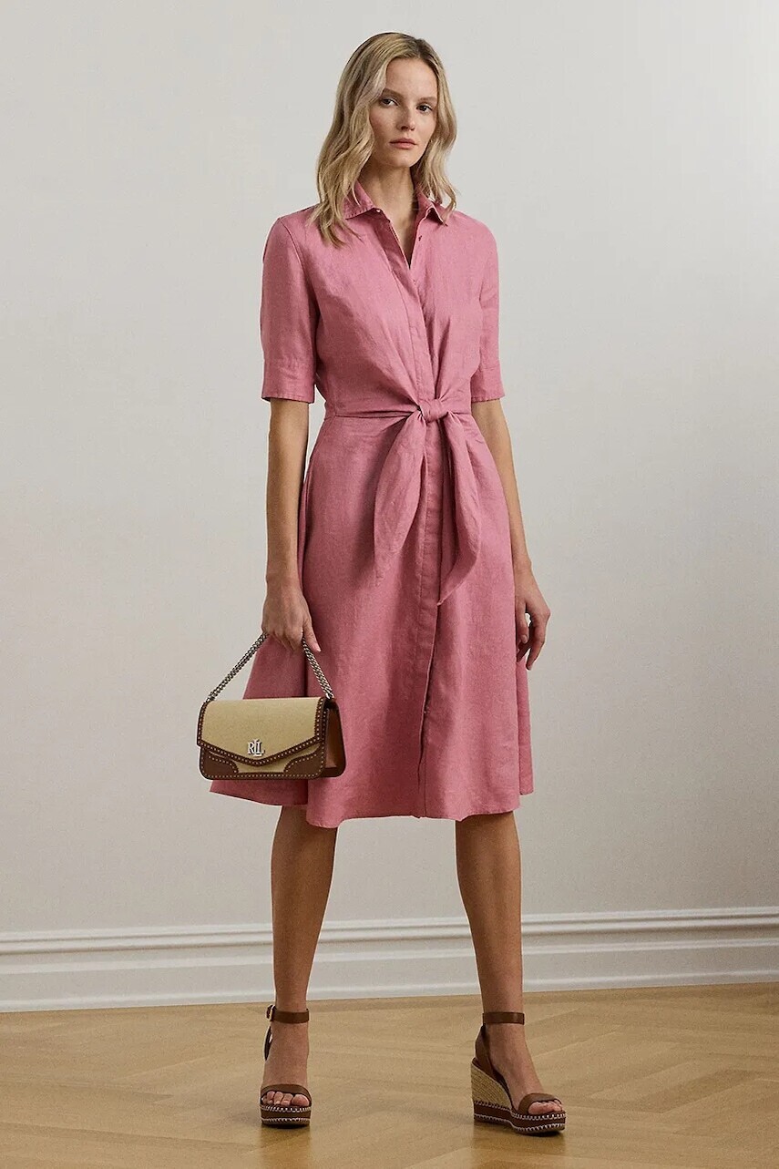 Ľanové šaty Lauren Ralph Lauren ružová farba, midi, áčkový strih, 200905667