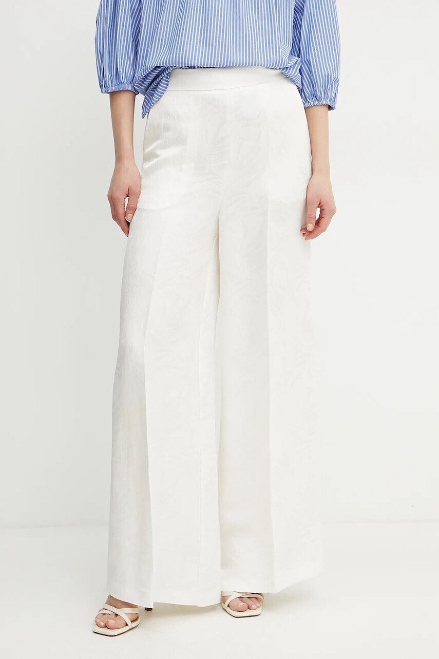 Nohavice s prímesou ľanu Twinset dámske, béžová farba, široké, vysoký pás, 251TT2172