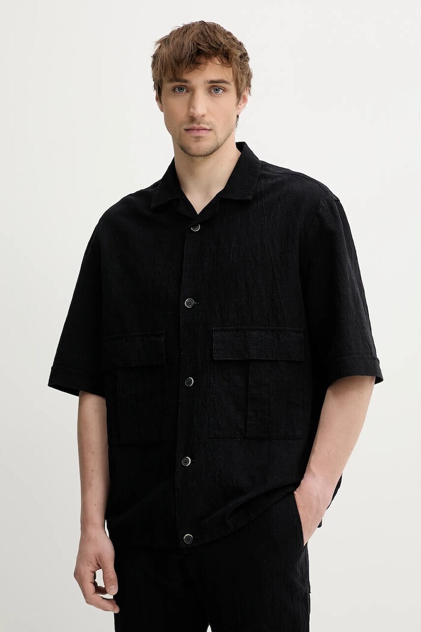 Košeľa s prímesou ľanu BARENA VENEZIA Camicia Mola tmavomodrá farba, voľný strih, s klasickým golierom, OSU5069.2768