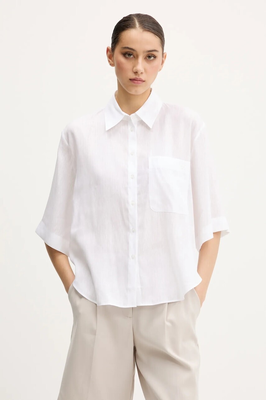 Ľanová košeľa HUGO biela farba, voľný strih, s klasickým golierom, 50539750