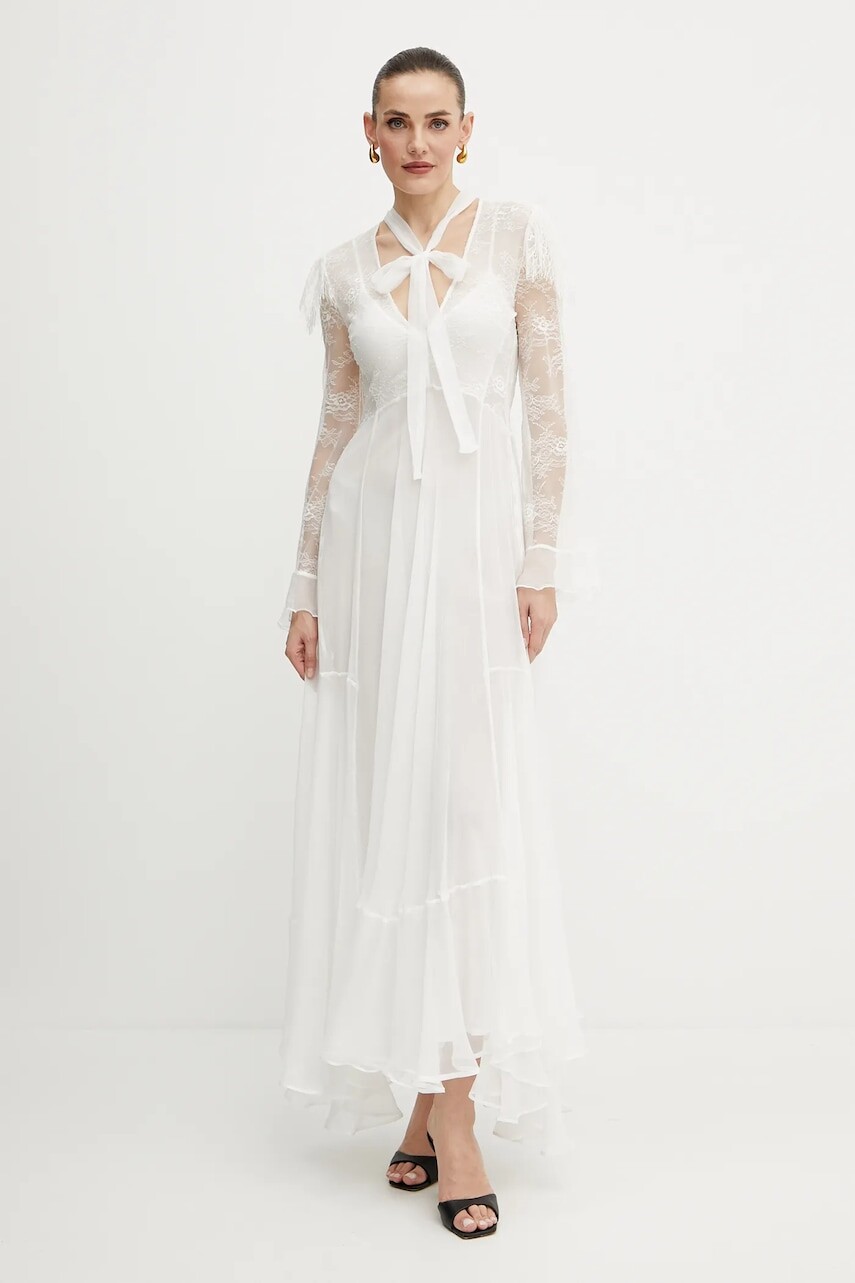 Šaty s prímesou hodvábu Twinset béžová farba, maxi, rovný strih, 251TS2091