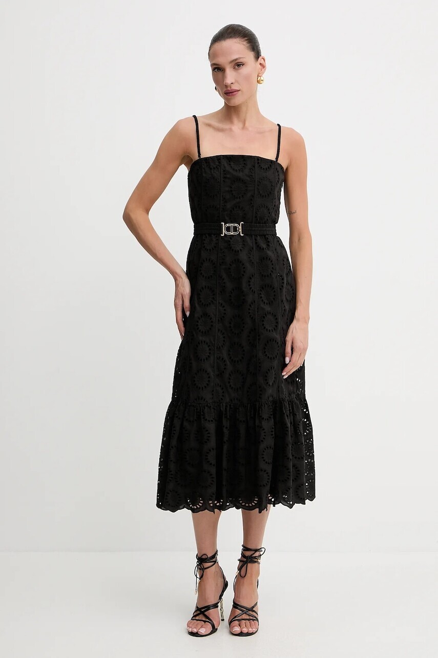 Bavlnené šaty Twinset čierna farba, midi, áčkový strih, 251TT2361