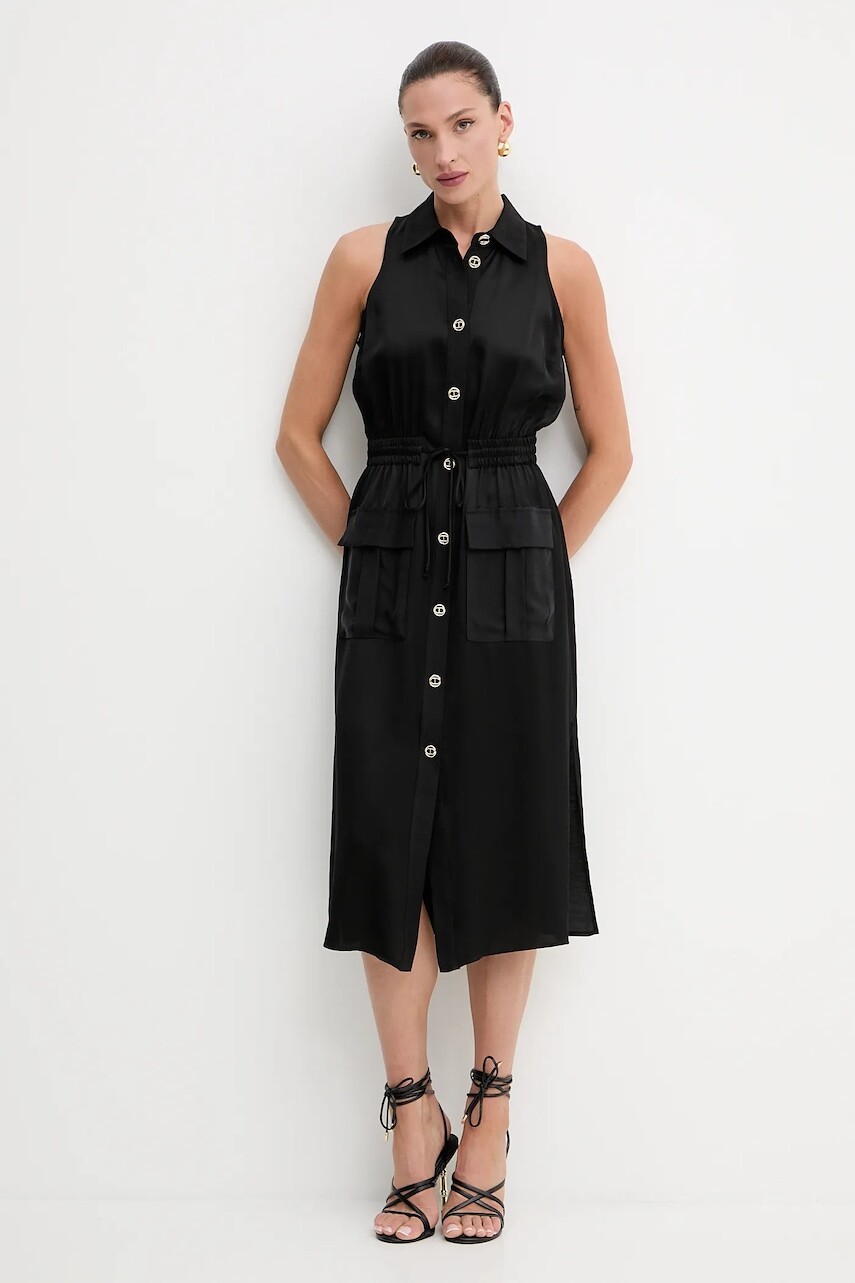 Šaty s prímesou ľanu Twinset čierna farba, midi, rovný strih, 251TT2270