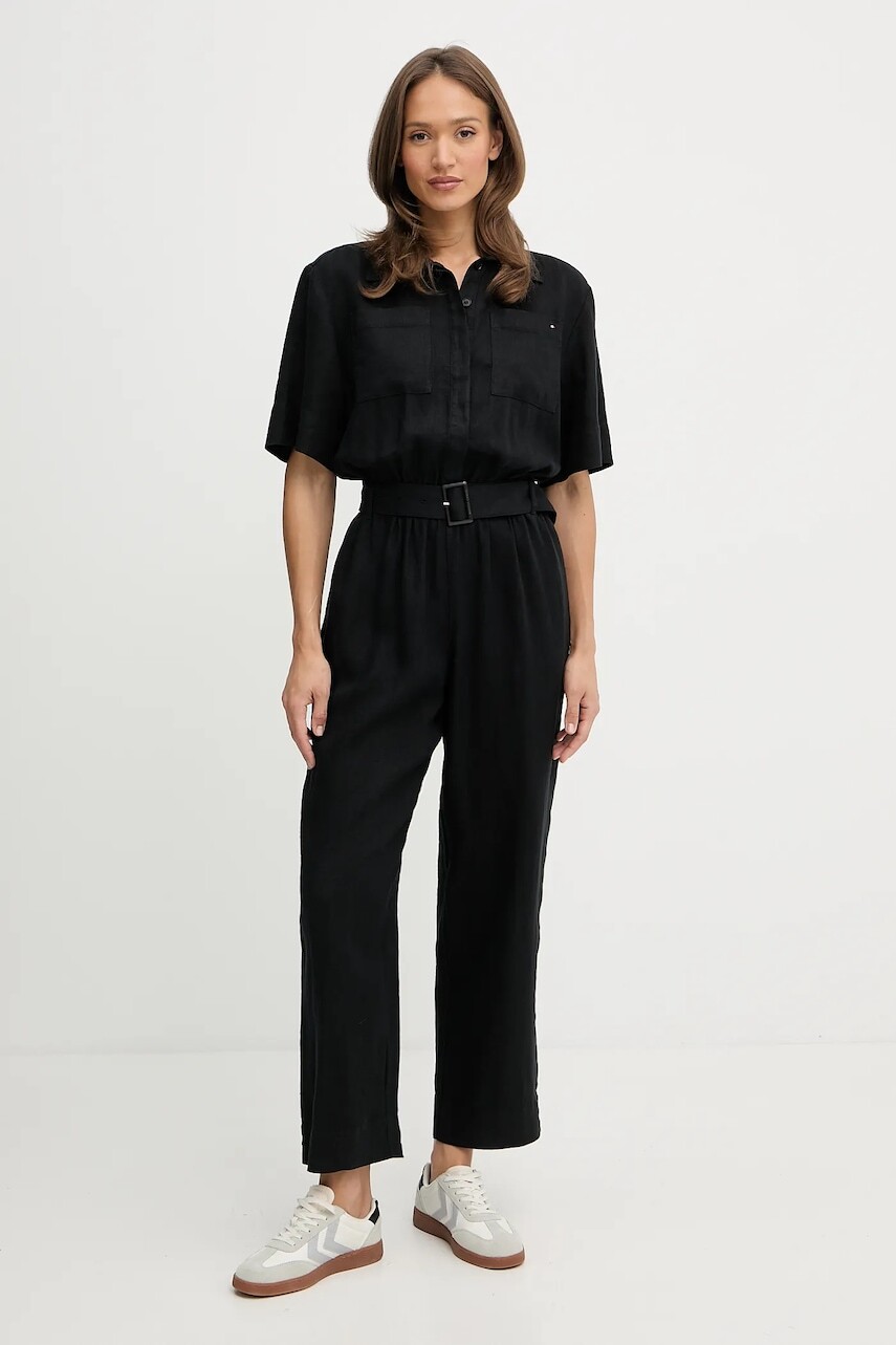 Ľanový overal Tommy Hilfiger čierna farba, s golierom, WW0WW47168