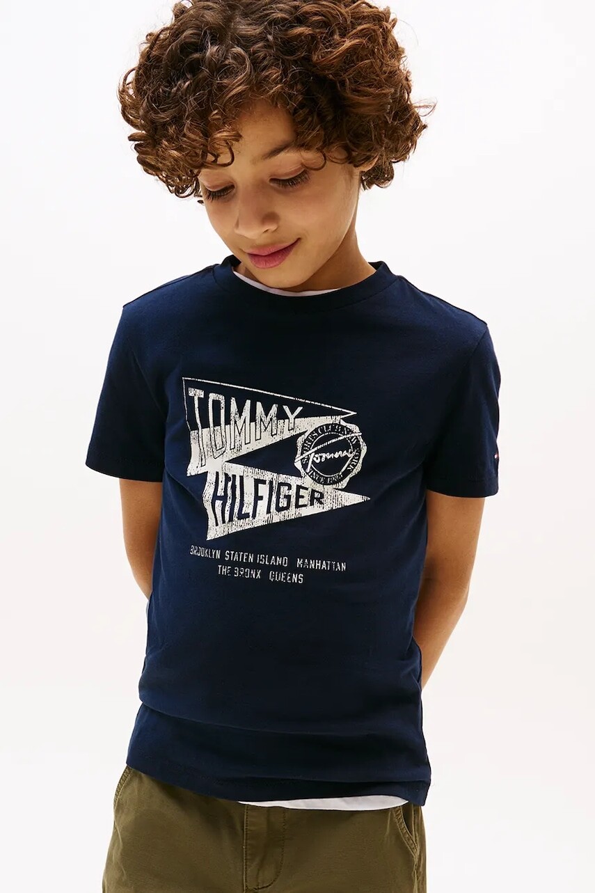 Detské bavlnené tričko Tommy Hilfiger tmavomodrá farba, s potlačou, KB0KB09719