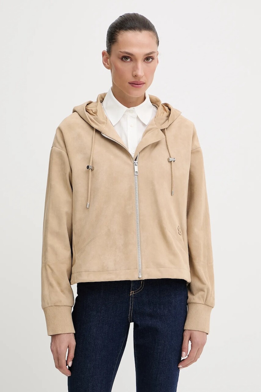 Semišová bunda BOSS béžová farba, prechodná, oversize, 50543211