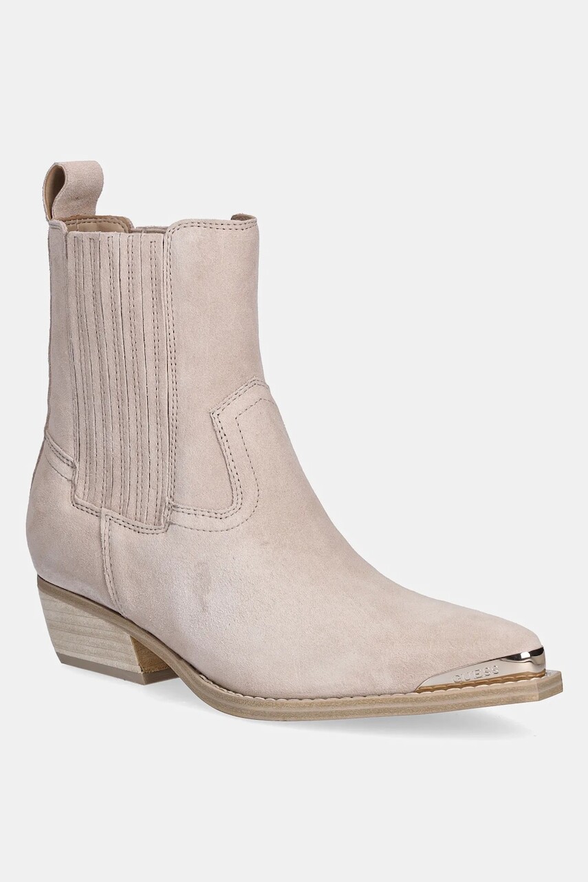 Semišové kovbojské topánky Guess LANNA2 béžová farba, na podpätku, FLTLN2 SUE10