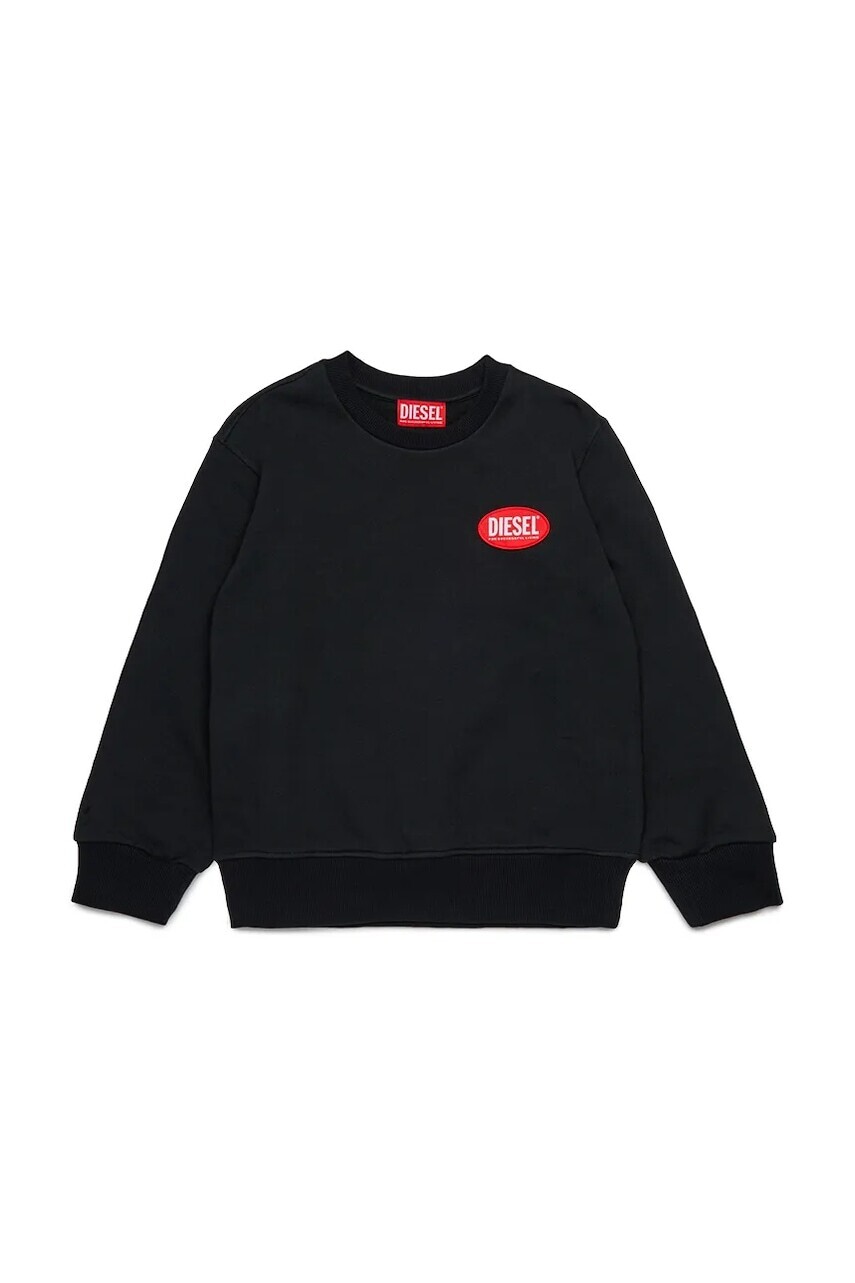Detská bavlnená mikina Diesel SPATCH OVER SWEAT-SHIRT čierna farba, s nášivkou, J02482