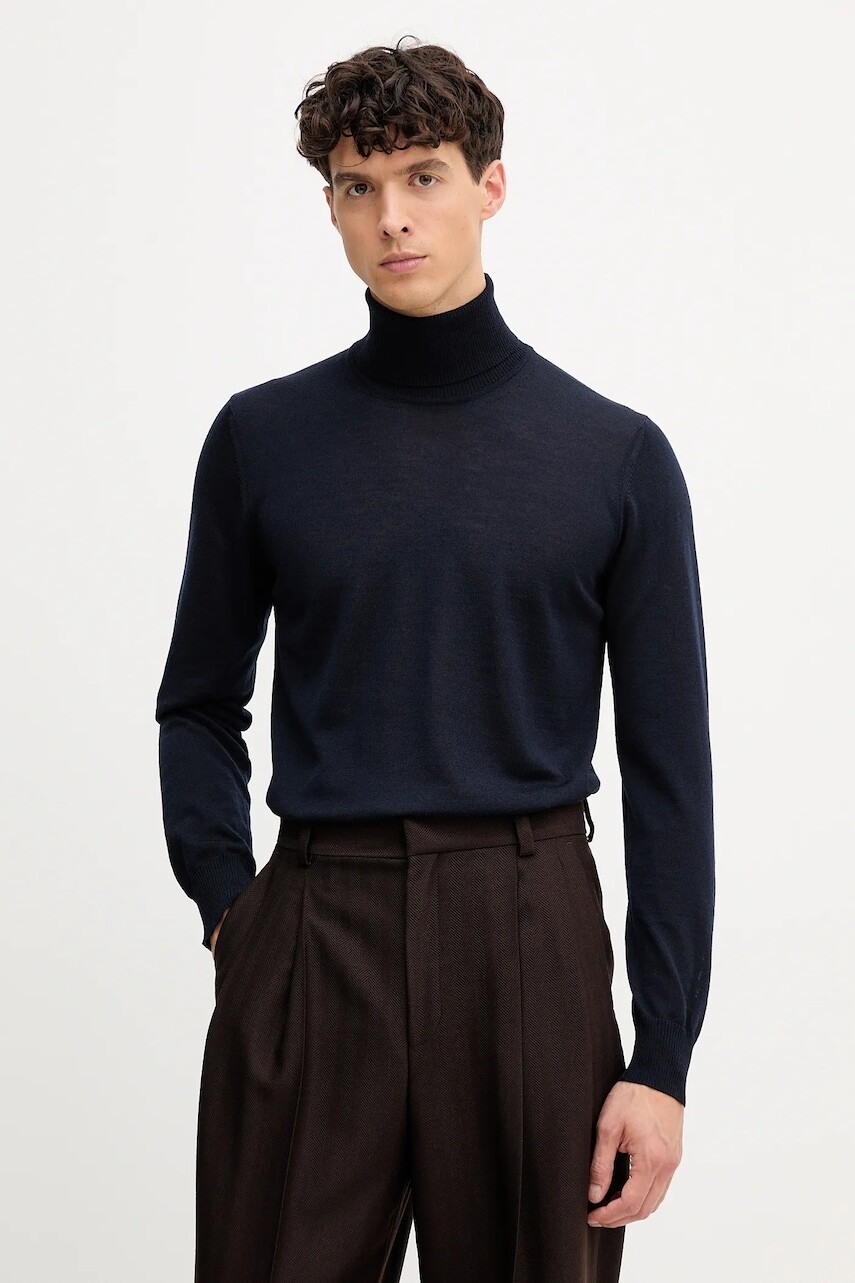 Vlnený sveter Emporio Armani tmavomodrá farba, ľahký, s rolákom, 8N1M43 1M67Z