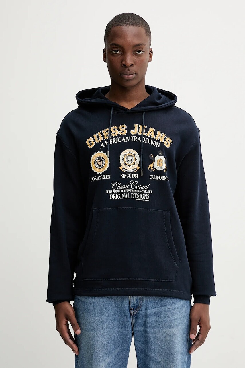 Bavlnená mikina Guess Jeans tmavomodrá farba, s kapucňou, s potlačou, M5YQ18 KCPR1