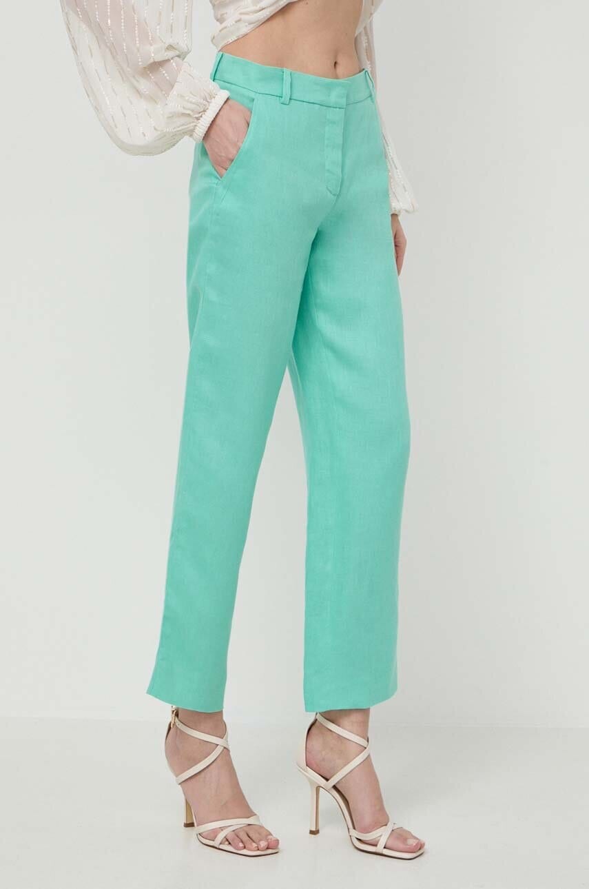Ľanové nohavice Luisa Spagnoli ARGANO RUNWAY COLLECTION zelená farba, rovné, vysoký pás, 541139,
