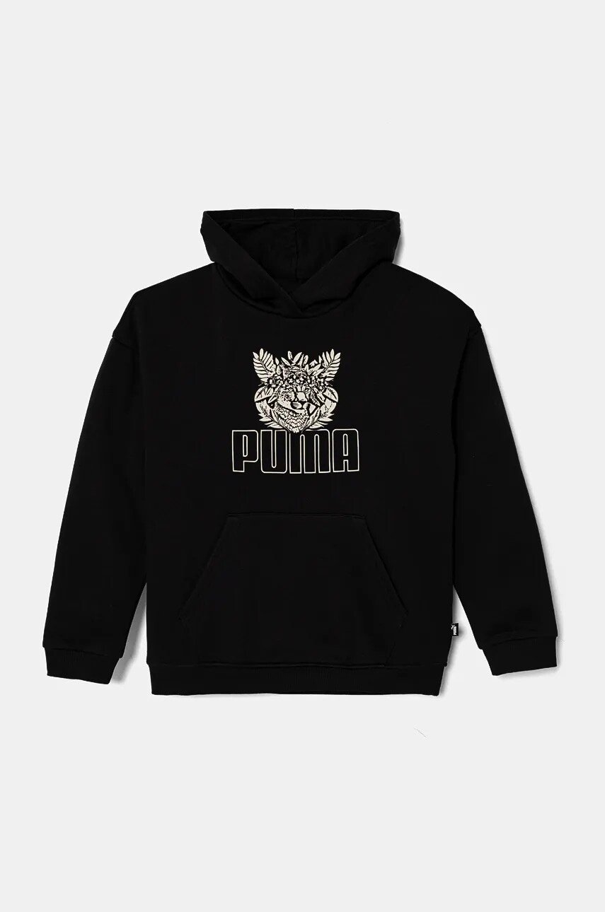 Detská mikina Puma ESS+ TROPICAT Hoodie čierna farba, s kapucňou, s potlačou, 681827