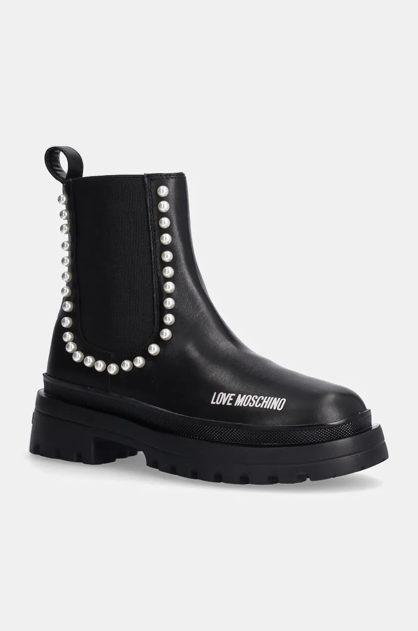 Kožené členkové topánky Love Moschino dámske, čierna farba, na plochom podpätku, JA21065G0LIA0000
