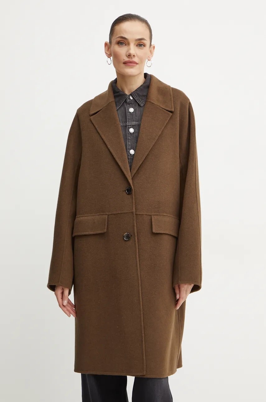 Vlnený kabát BOSS zelená farba, prechodný, oversize, 50518893