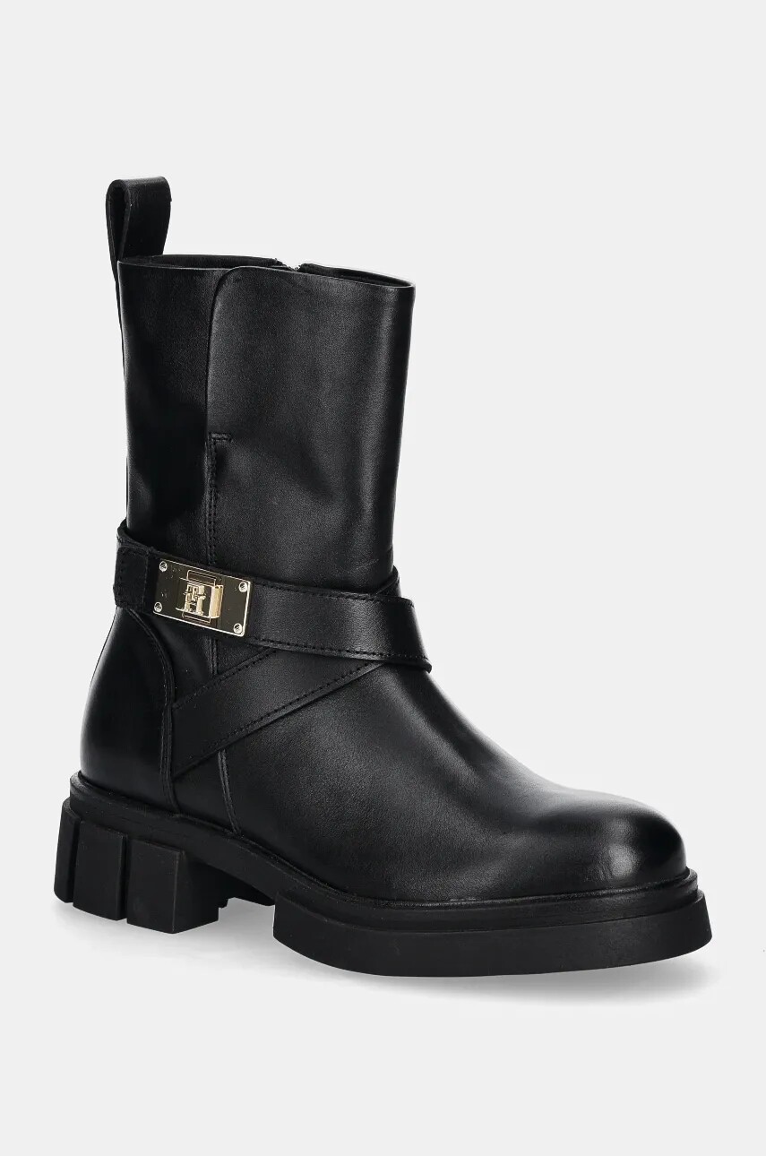 Kožené členkové topánky Tommy Hilfiger BIKER LEATHER dámske, čierna farba, na platforme, FW0FW08313